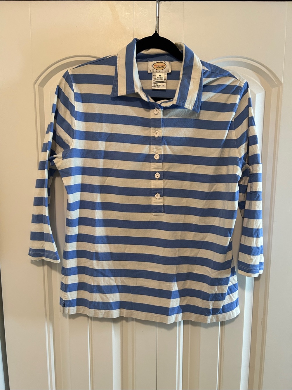 Talbots Petite  (Women) Light Blue and White Striped Polo Shirt